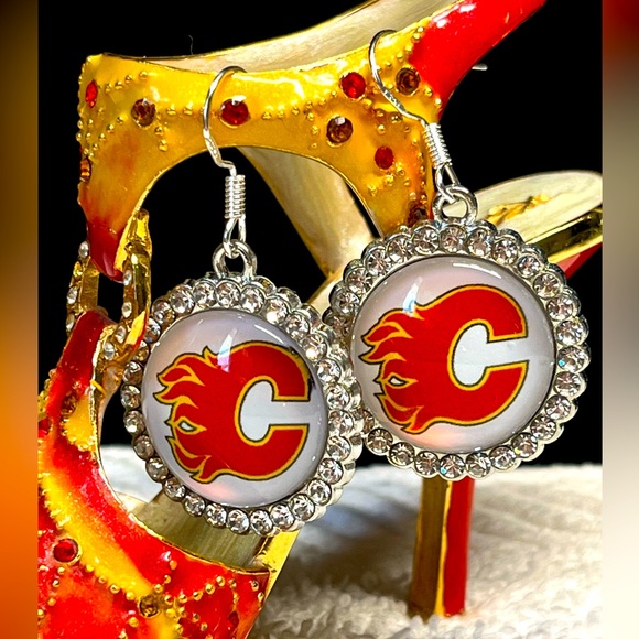 Flames hockey earrings -sterling silver hooks - Picture 1 of 8